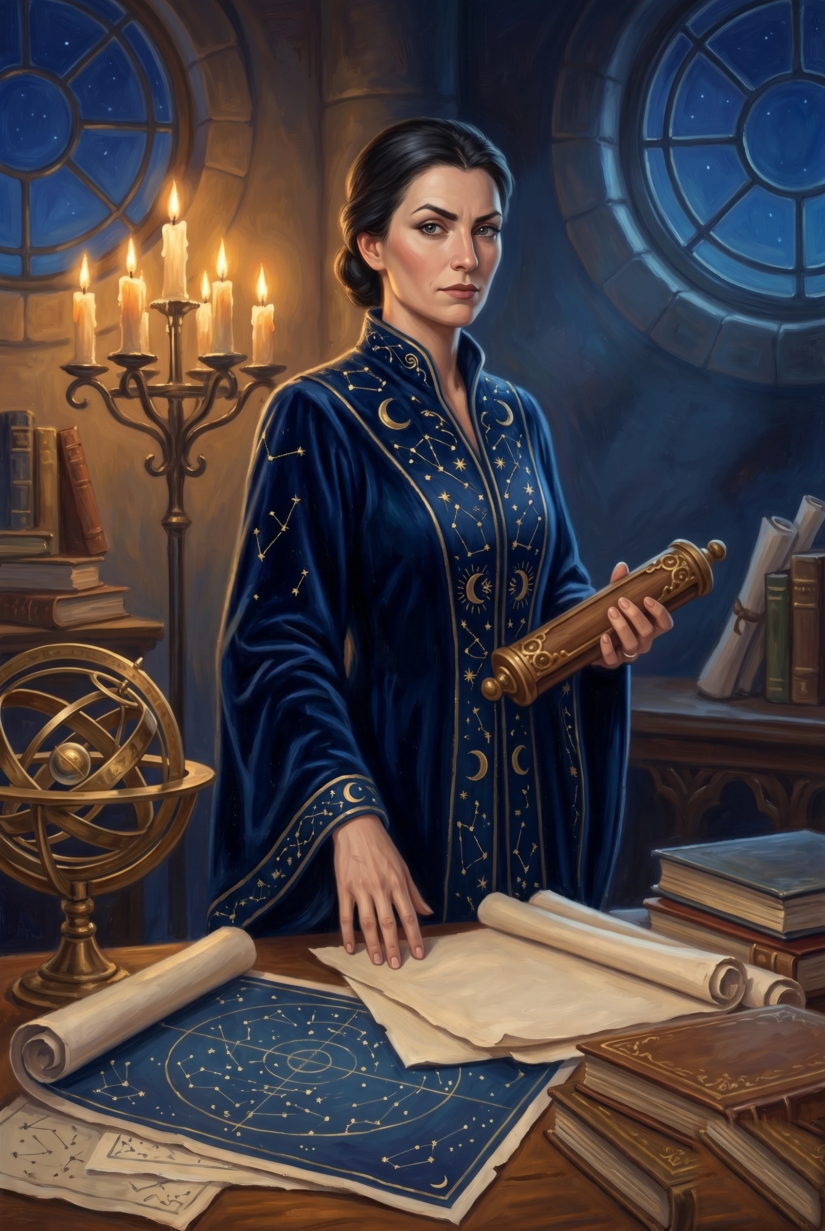 Oil painting of Iliana, a dark-haired woman with a severe, faintly skeptical expression, in a deep midnight-blue velvet robe embroidered with gold constellations and crescent moons, standing in a candlelit study; she holds a brass scroll-case in one hand and rests the other on an unrolled star chart on a wooden table, surrounded by a gilded armillary sphere, a branched iron candelabra, and stacks of leather-bound books, two round star-glazed windows in the wall behind her.