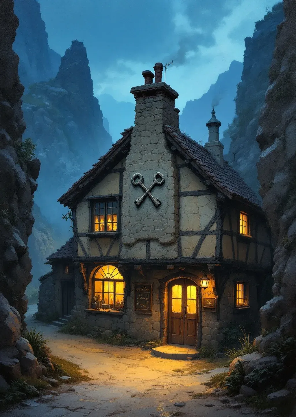 Oil painting of a sturdy stone-and-timber inn on a mountain pass at dusk, warm light glowing in its windows.