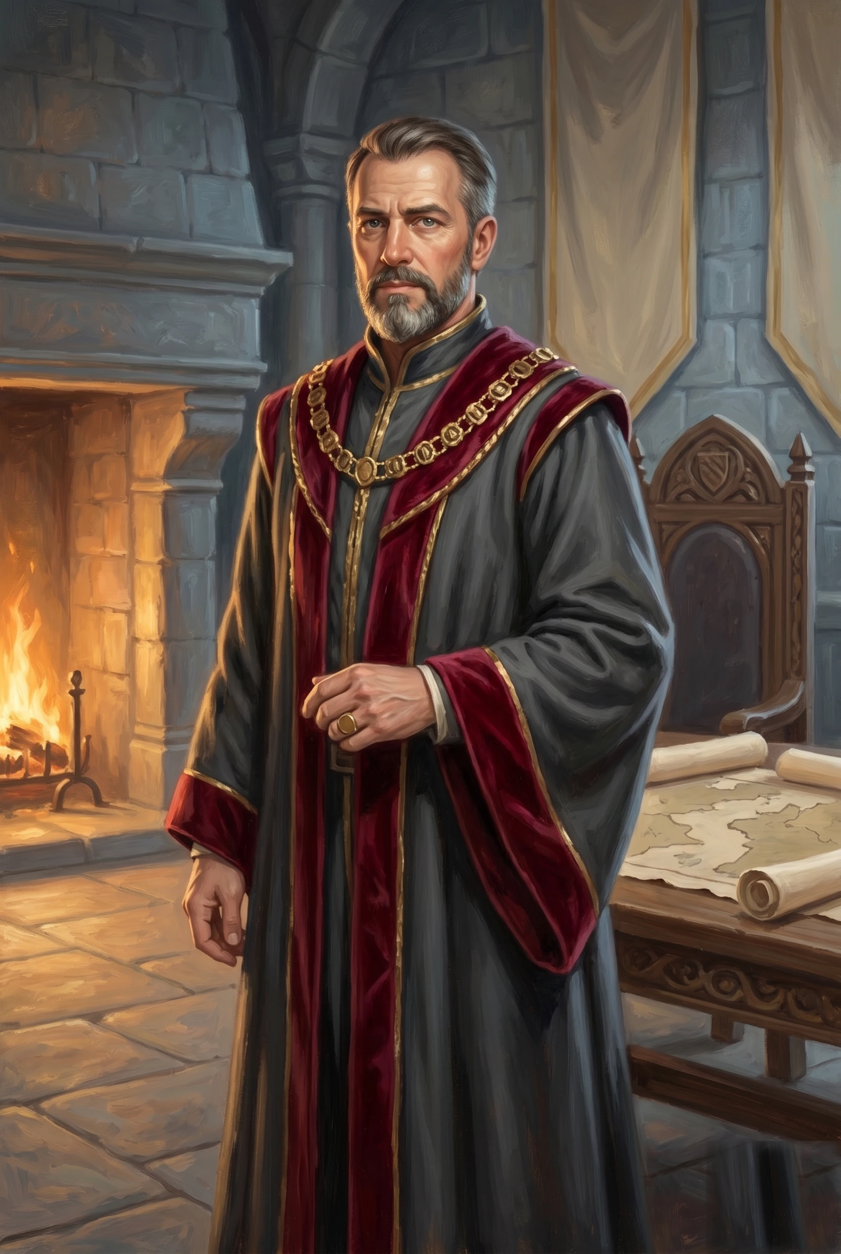 Oil painting of Duke Aldren, a distinguished middle-aged nobleman with a trimmed grey beard, in dark robes with a deep-maroon-and-gold mantle and a heavy gold chain-of-office, a gold signet ring on his hand, standing in a stone hall beside a fire, a rolled map on a table before him and a carved high-backed chair behind.
