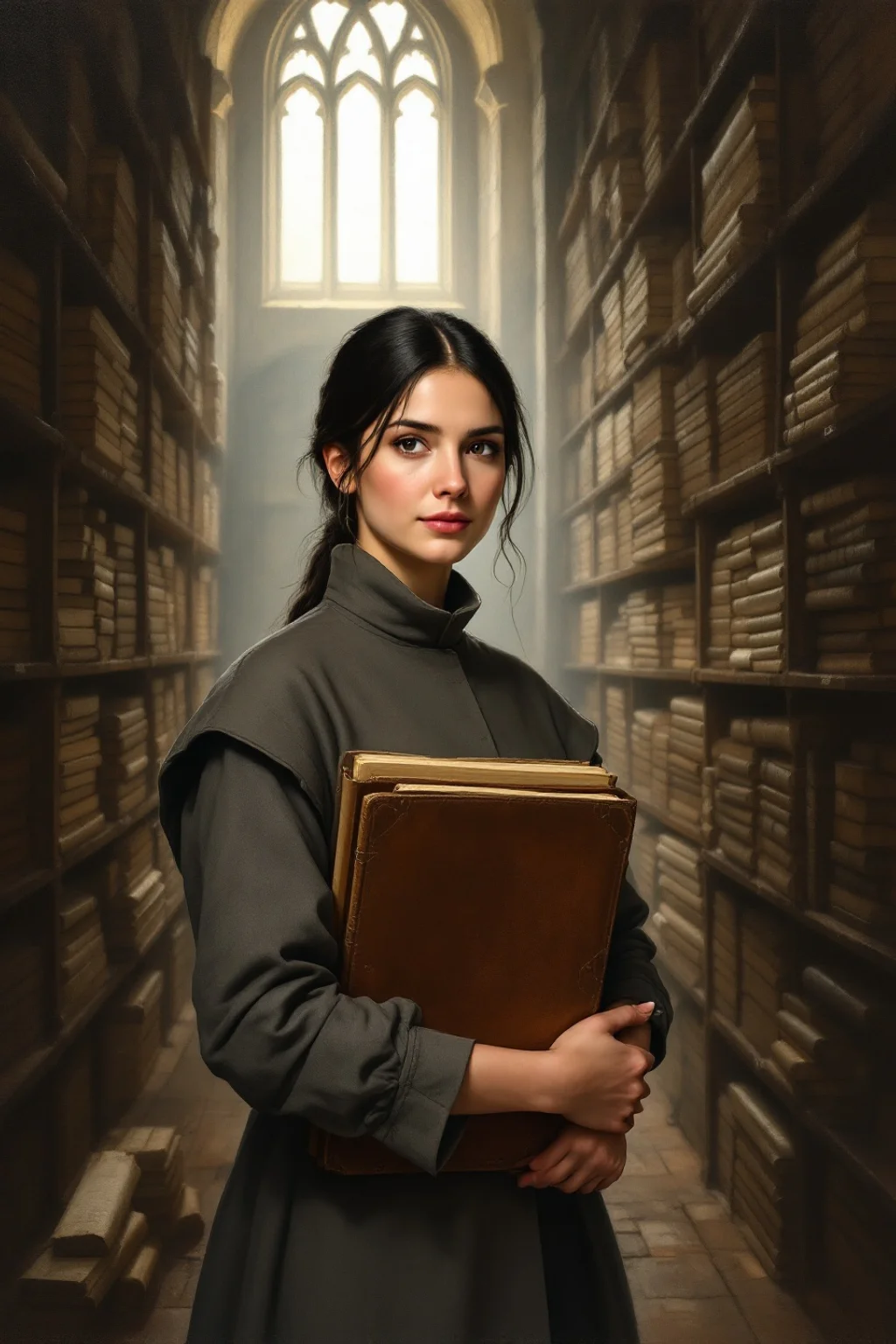 Oil painting of Elowen, an Order of the Blank archivist, standing in a crowded stone charter-hall with a leather folio of papers