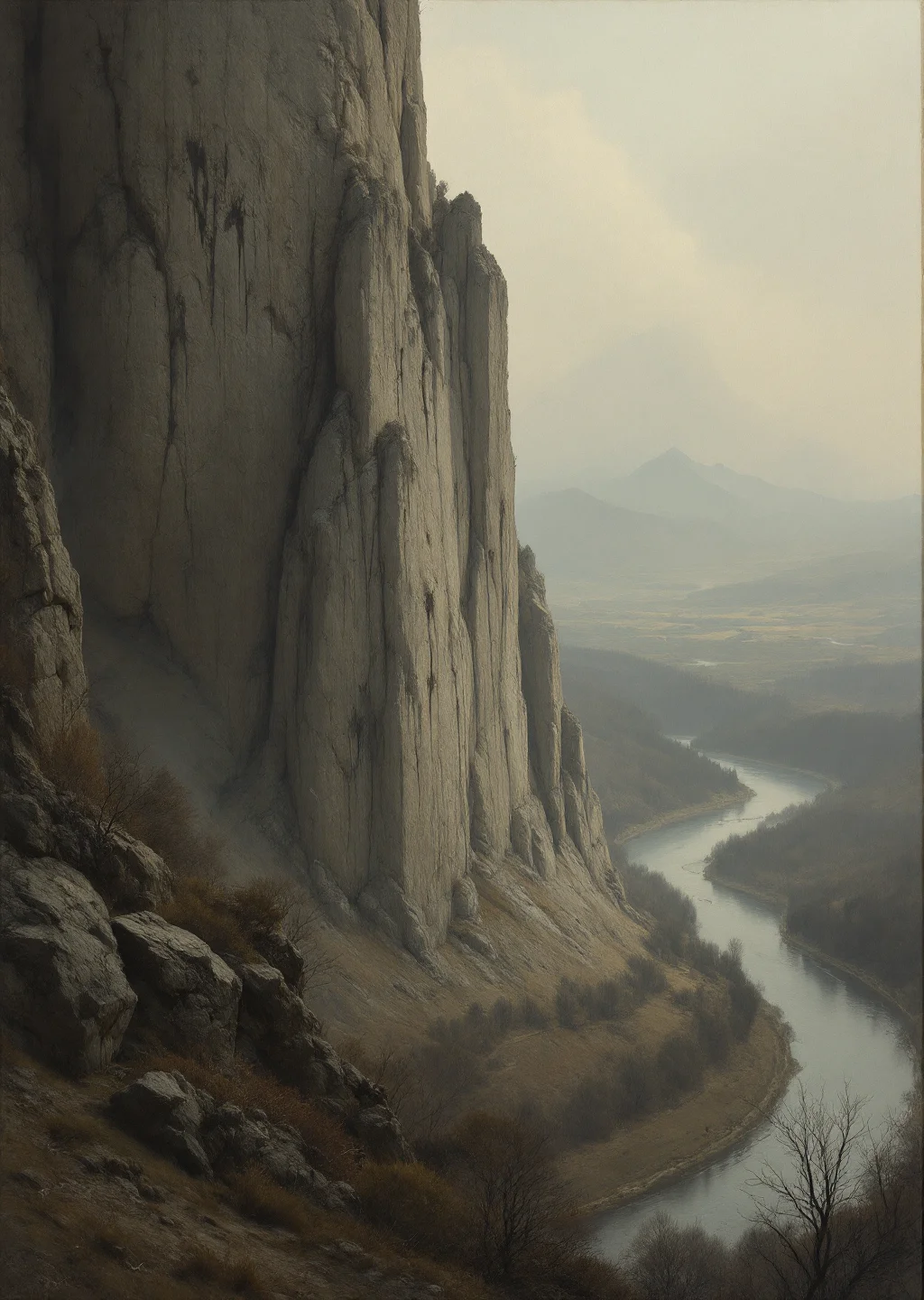 Oil painting of Erasure Overlook, a bald soot-streaked limestone ridge rising above the misty Drowned River valley.