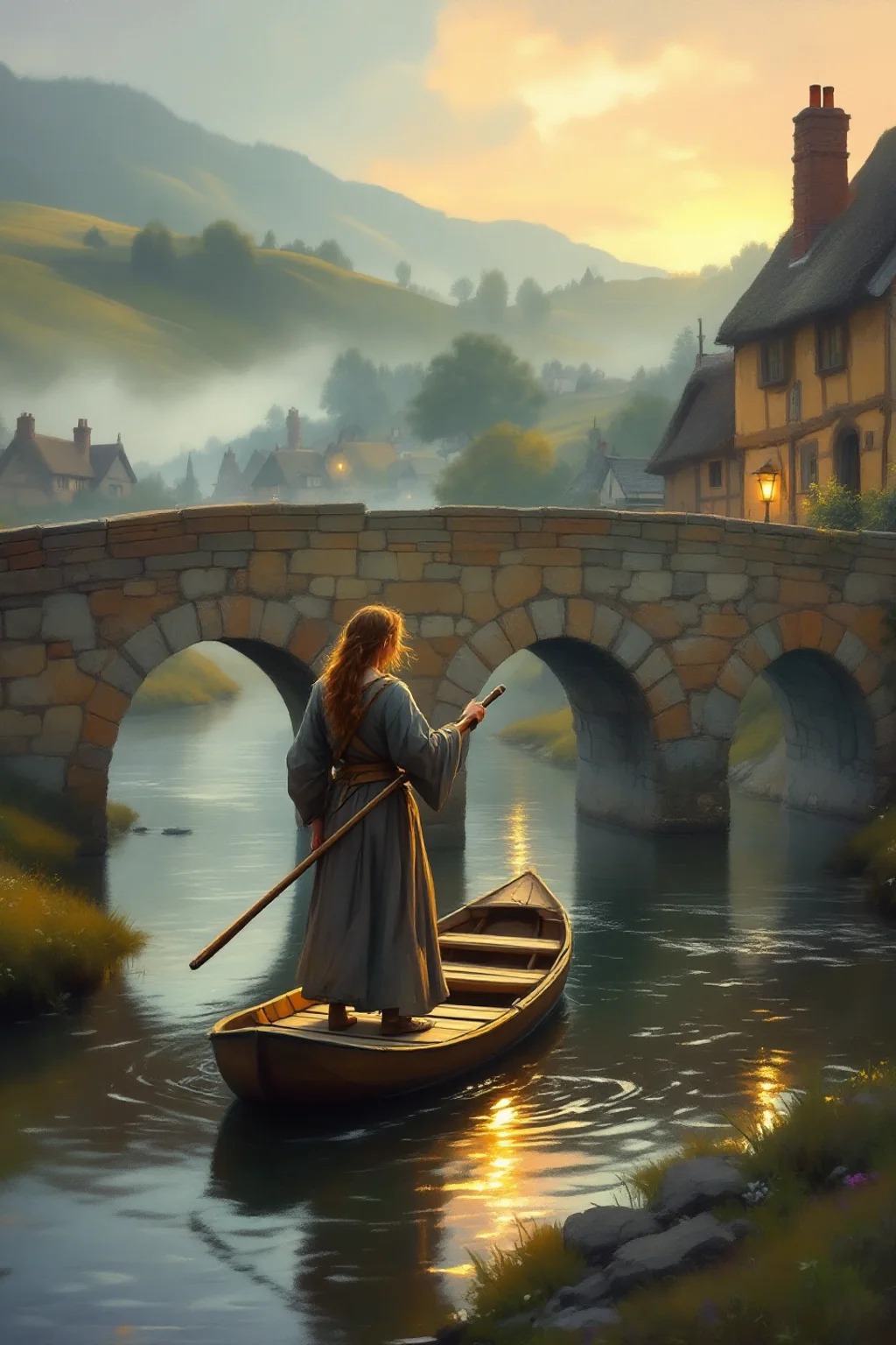 Oil painting of Four-Arch Ford, a ferrywoman poling her flatboat beneath the stone river crossing