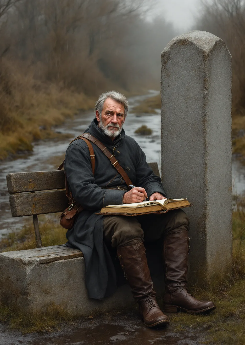 Oil painting of Garrick the Aldren Guard sitting at his stone waymark post with ledger and satchel