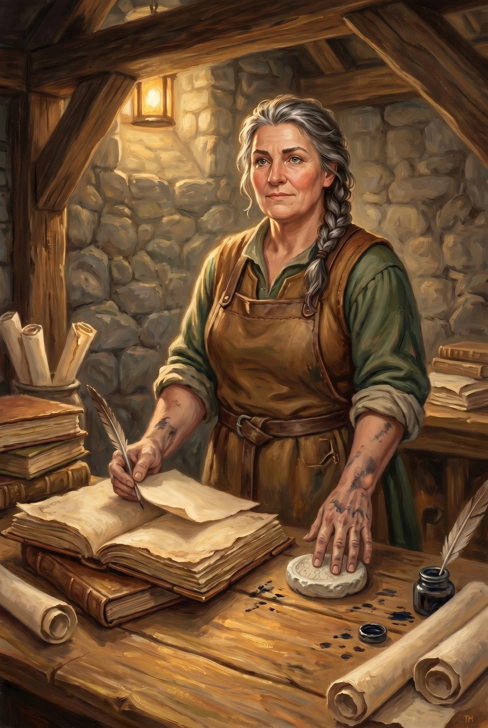 Oil painting of a broad-shouldered woman with a long grey braid and ink-stained hands, standing at a worn wooden desk in a stone-and-timber room lit by a hanging lantern. She holds a quill over an open ledger, her other hand resting flat on a small pale-grey stone disc; jars of ink, rolled scrolls, and stacks of bound glossaries crowd the desk around her.
