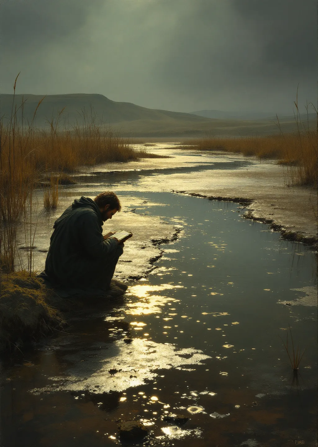 Oil painting of the Glossary Mire, a silt-flat river marsh below Lexicon Ridge