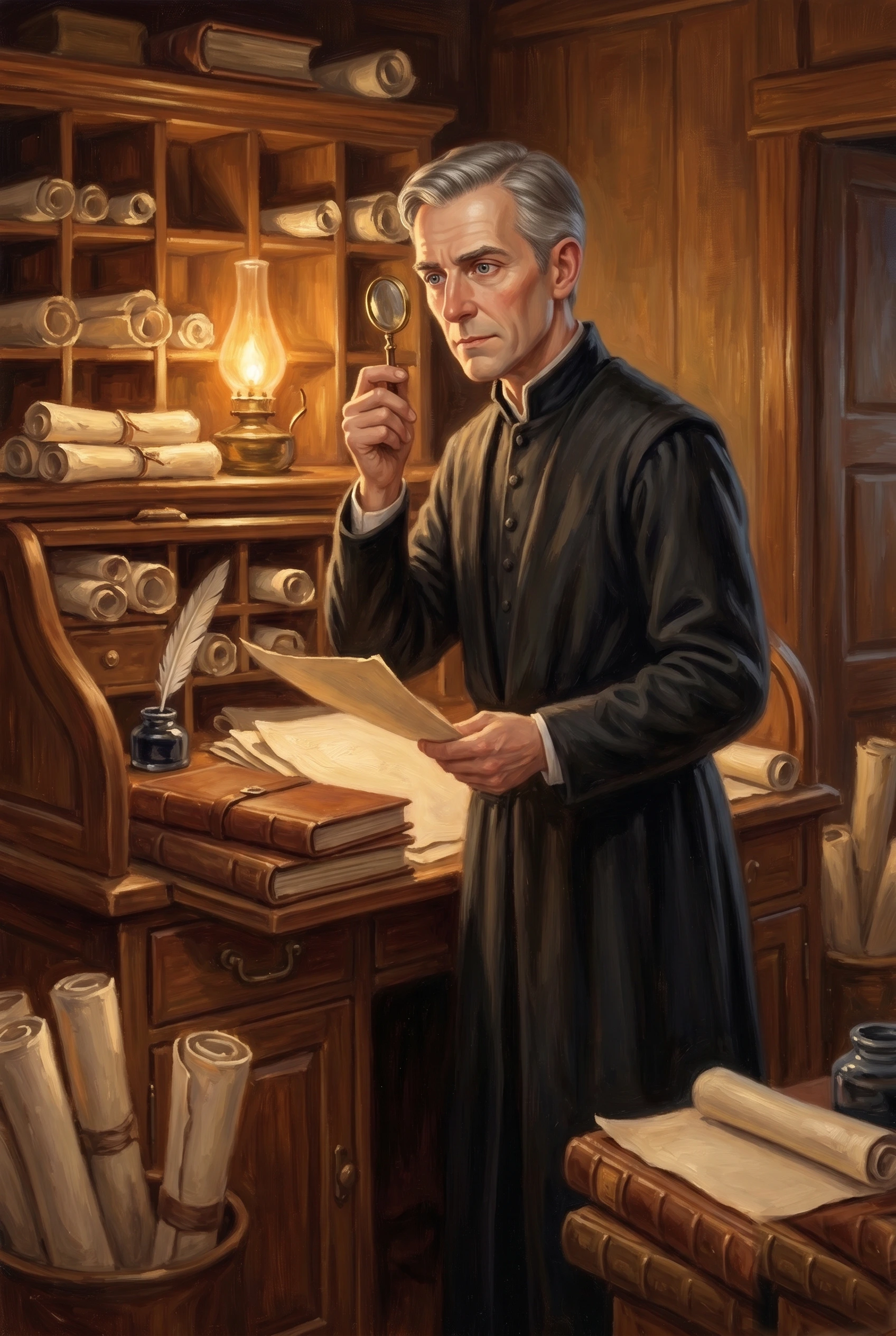 Oil painting of a lean, grey-haired man in a high-collared black robe standing at a wooden roll-top desk, holding a document in one hand and a brass magnifying glass to his eye in the other, surrounded by pigeonhole shelves crammed with rolled scrolls, leather-bound ledgers, a white quill in an inkwell, and a lit brass oil lamp.