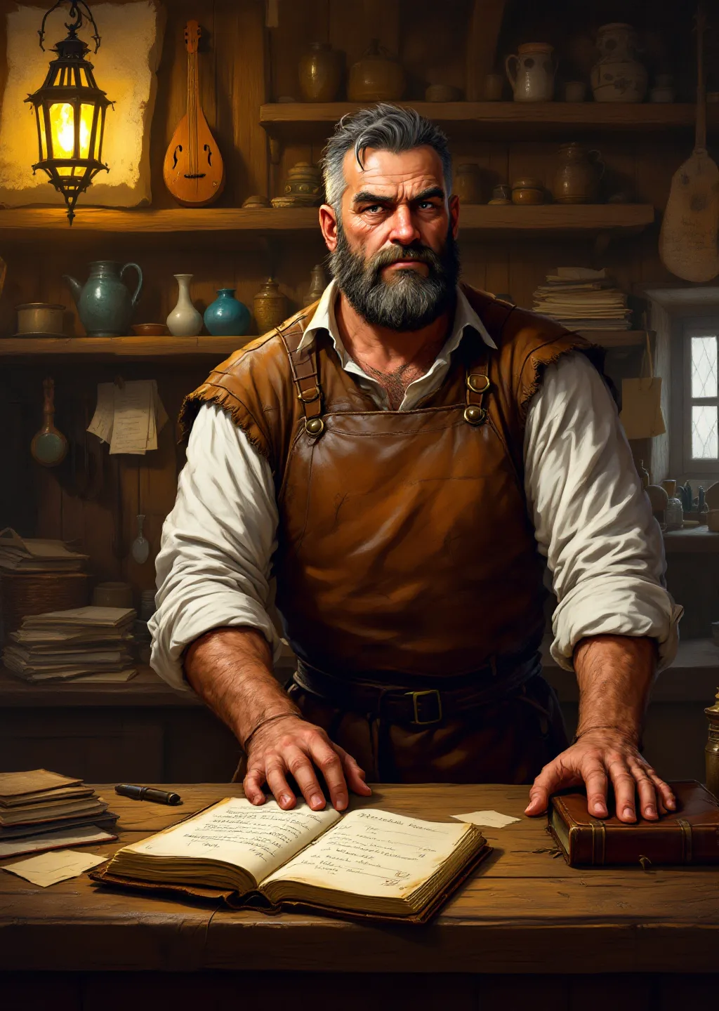 Oil painting of a burly, bearded taverner in a leather apron standing behind the bar of his tavern, an open ledger before him and shelves of pawned oddities behind, warm firelight.