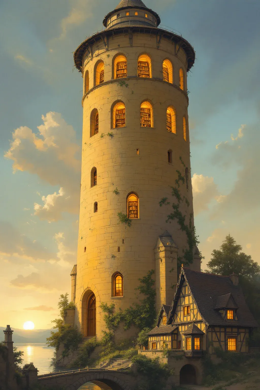 Oil painting of a tall stone archive tower with lamplit shelves of books glowing in its arched windows above a river town at dusk.
