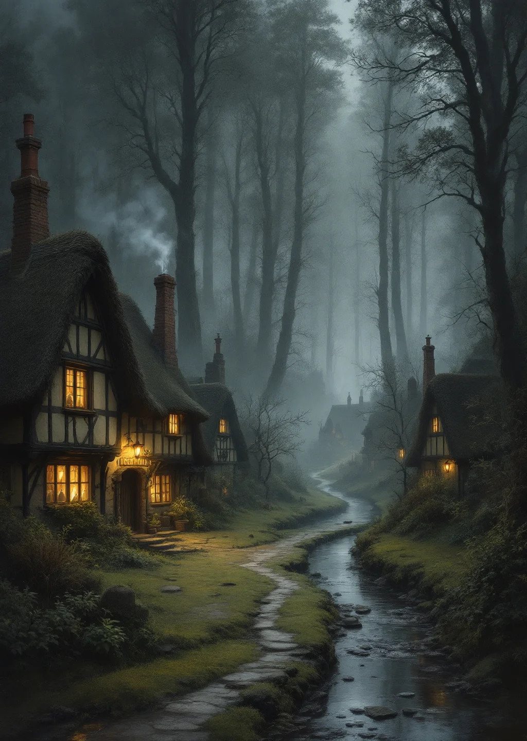 Oil painting of Inkhollow, a misty village of stained timber cottages along a dark spring at the treeline of the Witch's Wood.