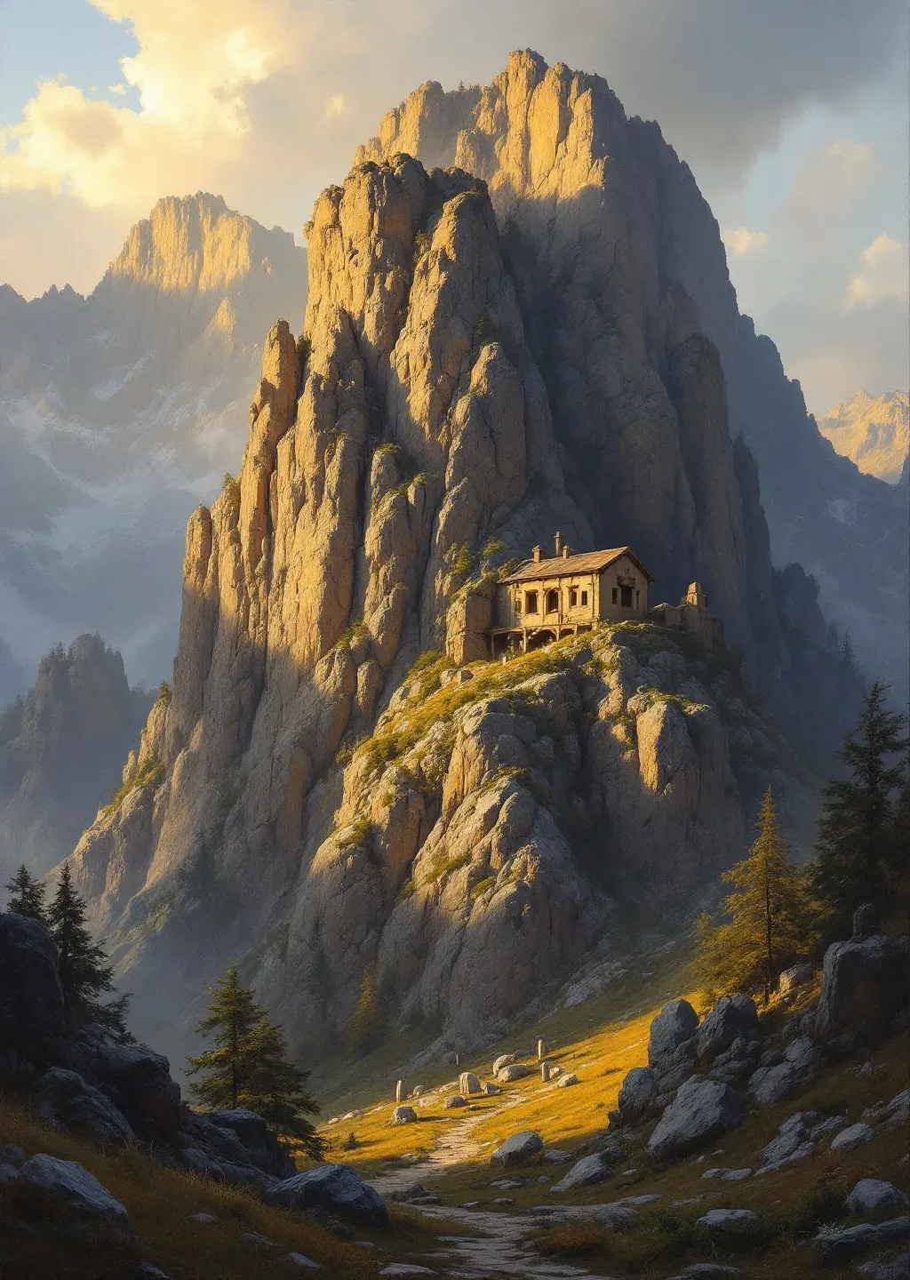 Oil painting of a high stony ridge overlooking a green river valley under a wide open sky.