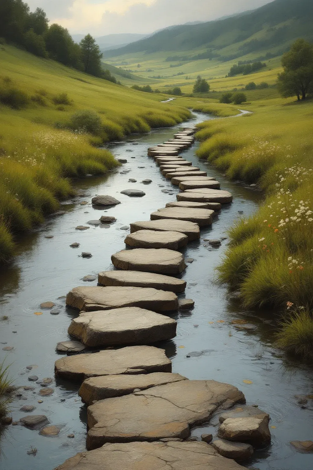 Oil painting of a shallow river ford with weathered stepping stones crossing a clear stream through a green rolling-hill vale.