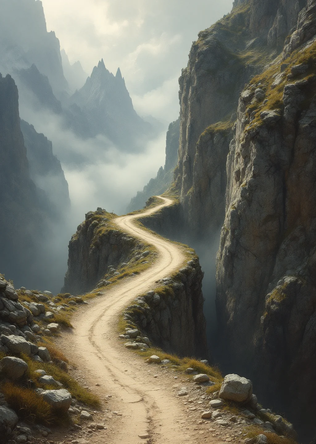 Oil painting of the Long Shrug, a narrow switchback mountain road skirting a sheer, cloud-filled drop.