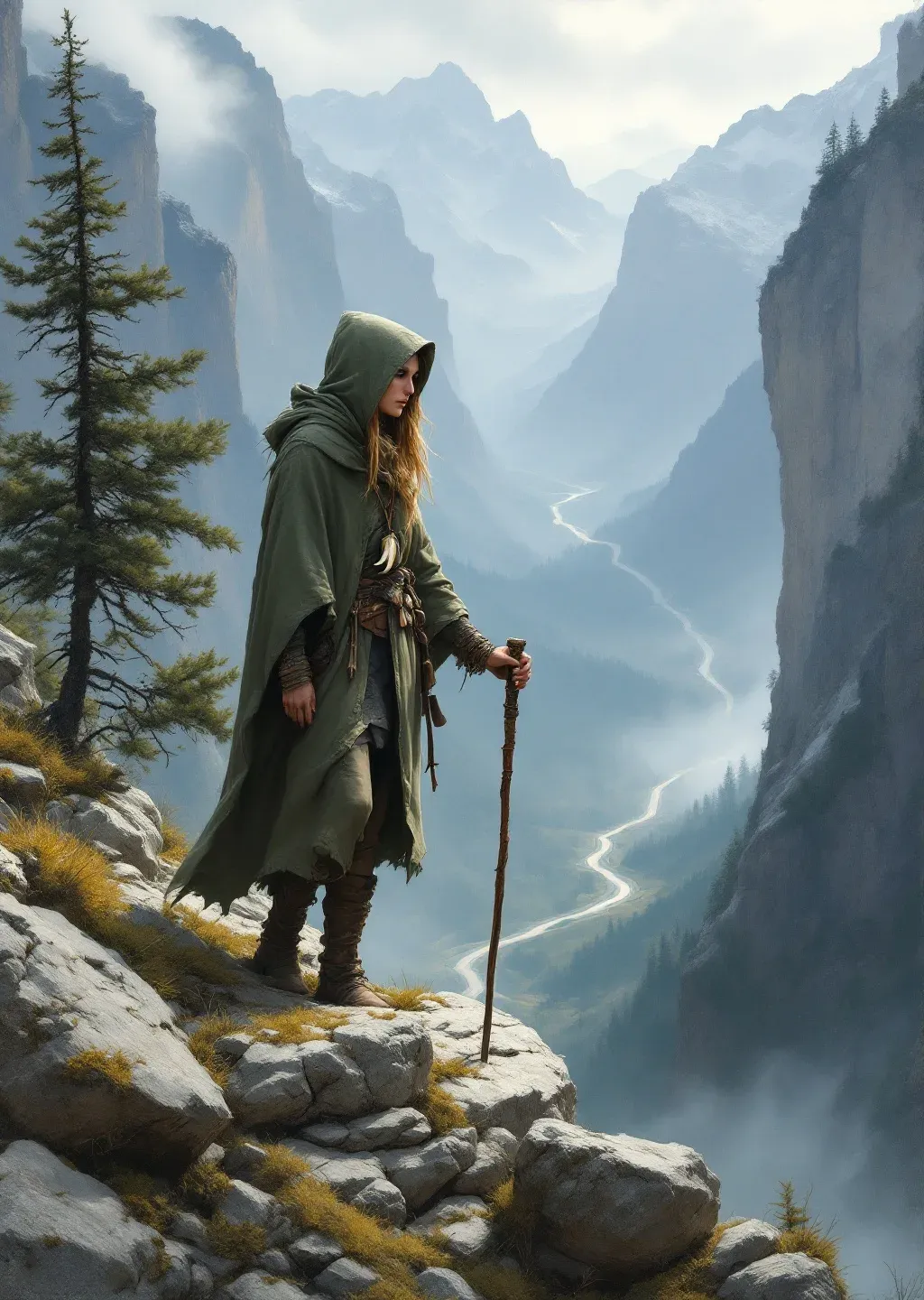 Oil painting of a rugged gamekeeper in worn leathers on a windswept upland ridge, sheep-tracks winding behind.