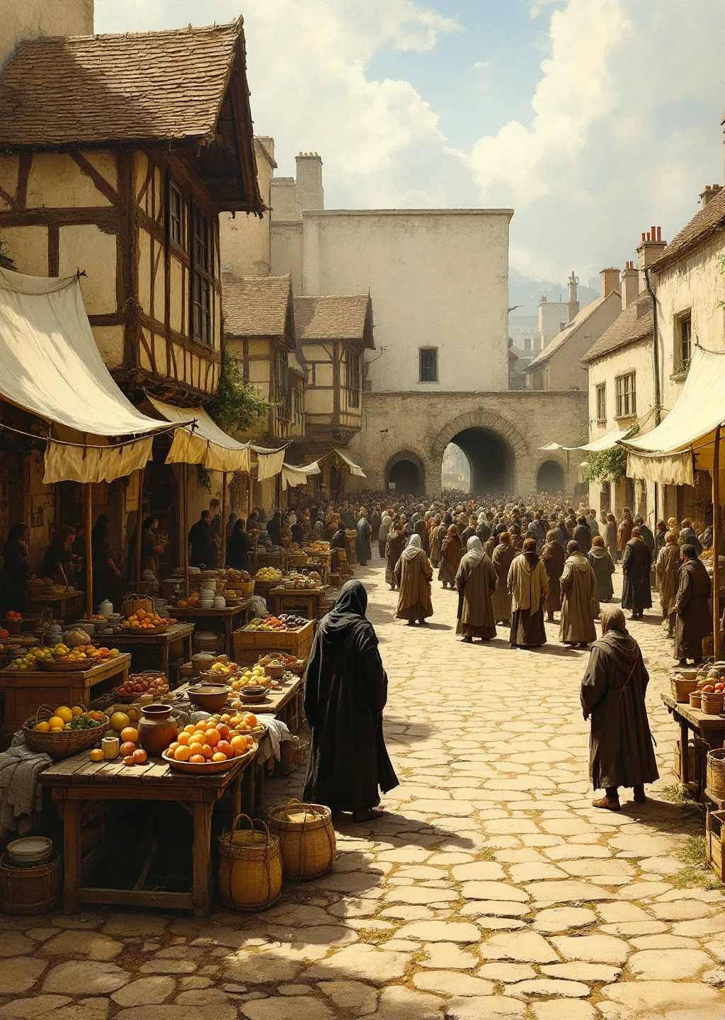 Oil painting of Morpheme Market, a bustling stone-paved market town with awninged stalls and a crowd gathered in a standoff.