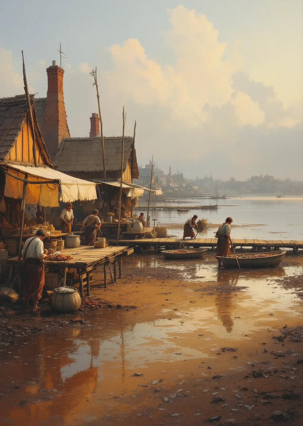 Oil painting of Mudflat Market, a tidal market on the river-flats of the Bandit's Pass at low tide