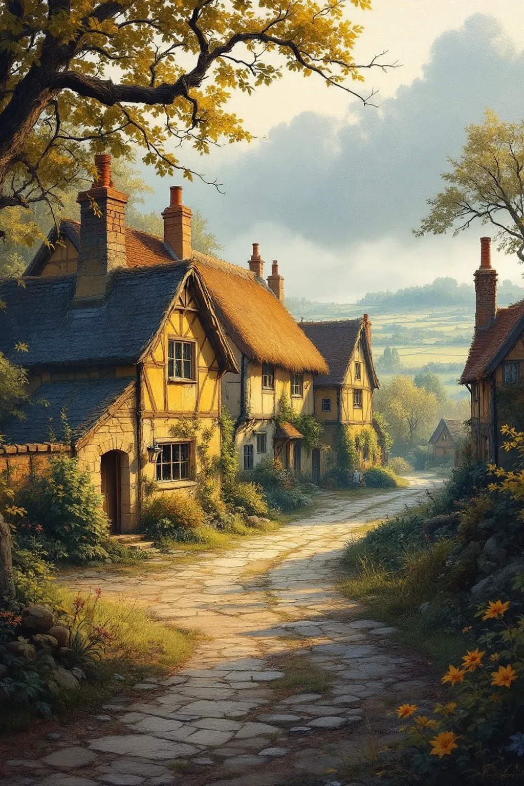 Oil painting of a quiet, mist-softened village lane lined with weathered stone-and-thatch cottages under an overcast sky.