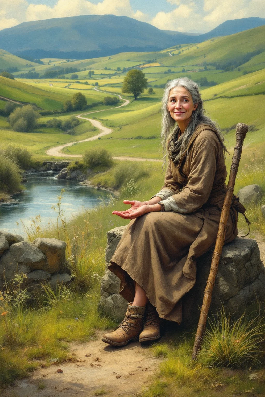 Oil painting of the Woman on the Path seated on a milestone at the river ford, extending an open hand