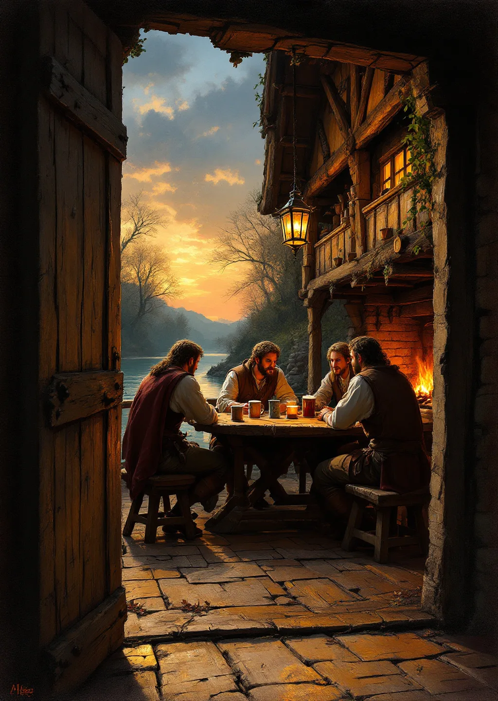 Oil painting of a riverside tavern's permanently open front door at dusk, warm firelight spilling out onto travelers seated around a table in animated conversation.