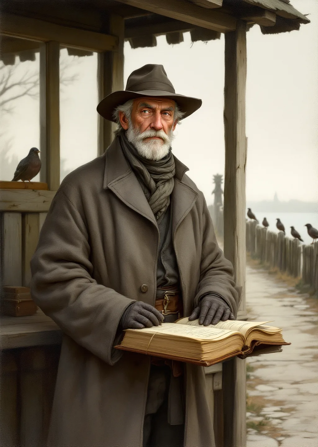 Oil painting of Orin the tollkeeper, an older man bent over a thick ledger at his weathered wooden tollbooth.