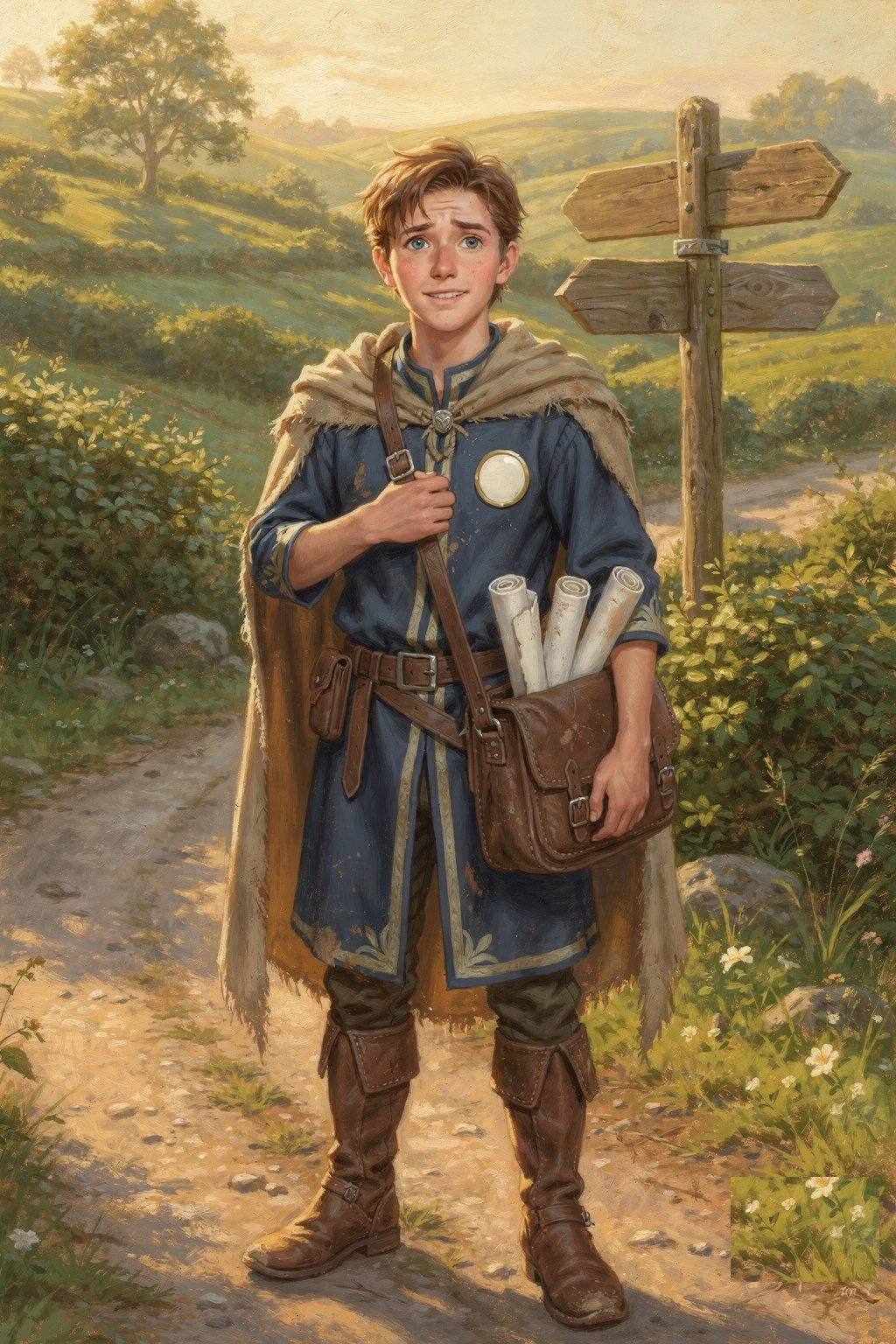 Oil painting of Pell, a young courier in a frayed cloak and dusty blue tunic, an overstuffed leather satchel of scrolls at his hip, standing on a dirt road beside a weathered wooden signpost in green rolling hills.