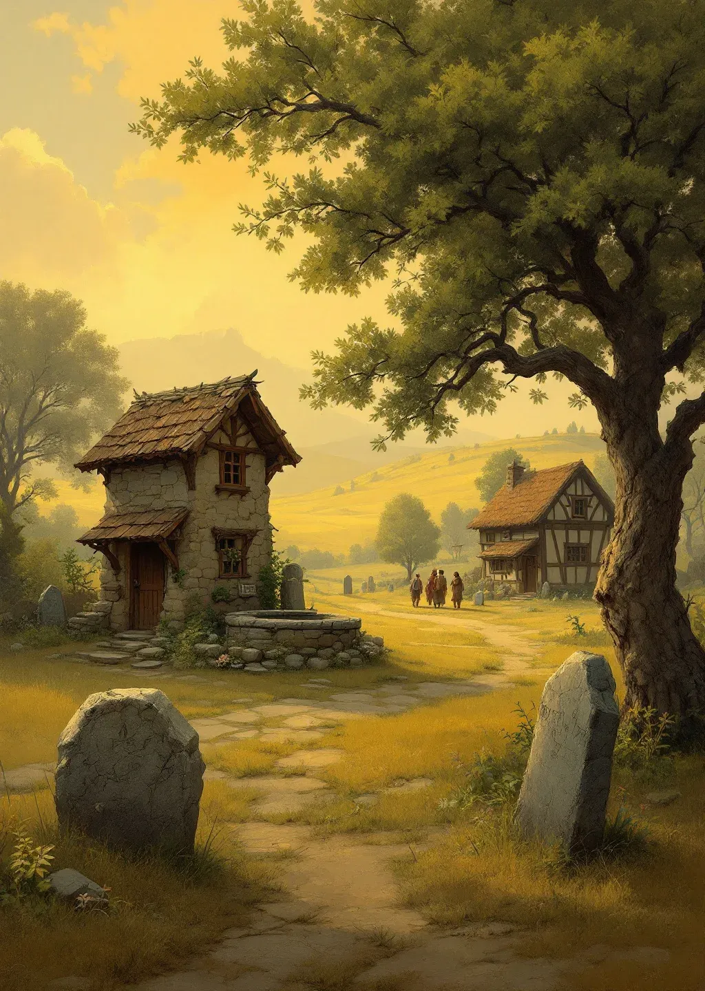 Oil painting of a small half-built cluster of timber and stone cottages at the edge of a wild green vale.