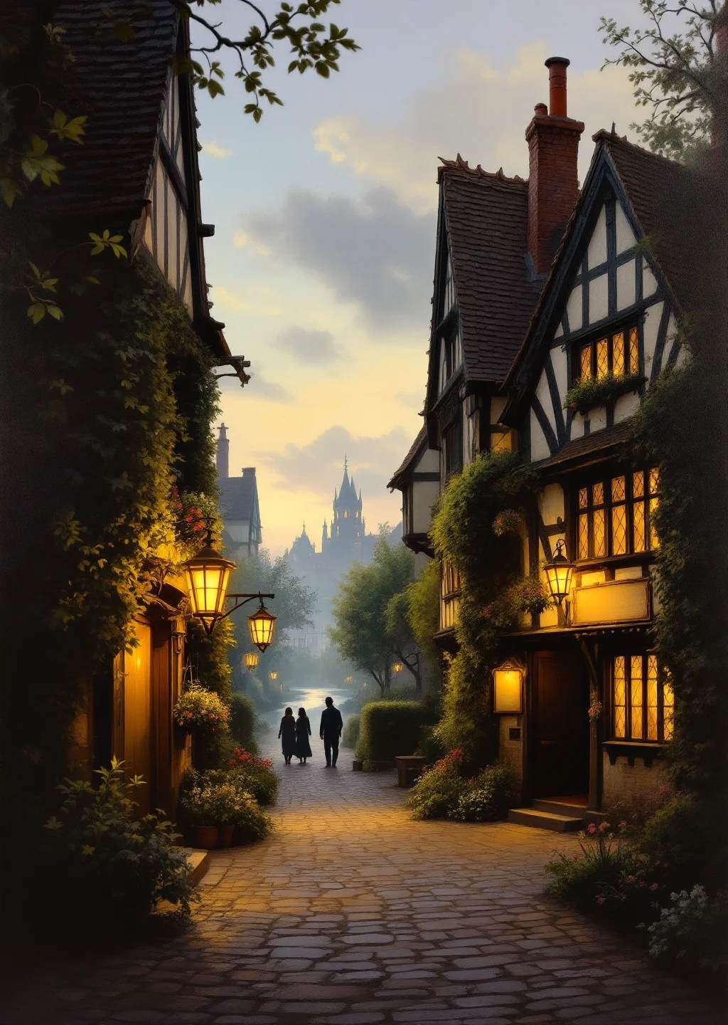 Oil painting of the Pressed Petal, a warmly lit half-timbered village inn at the center of Calligrapher's Green at dusk.