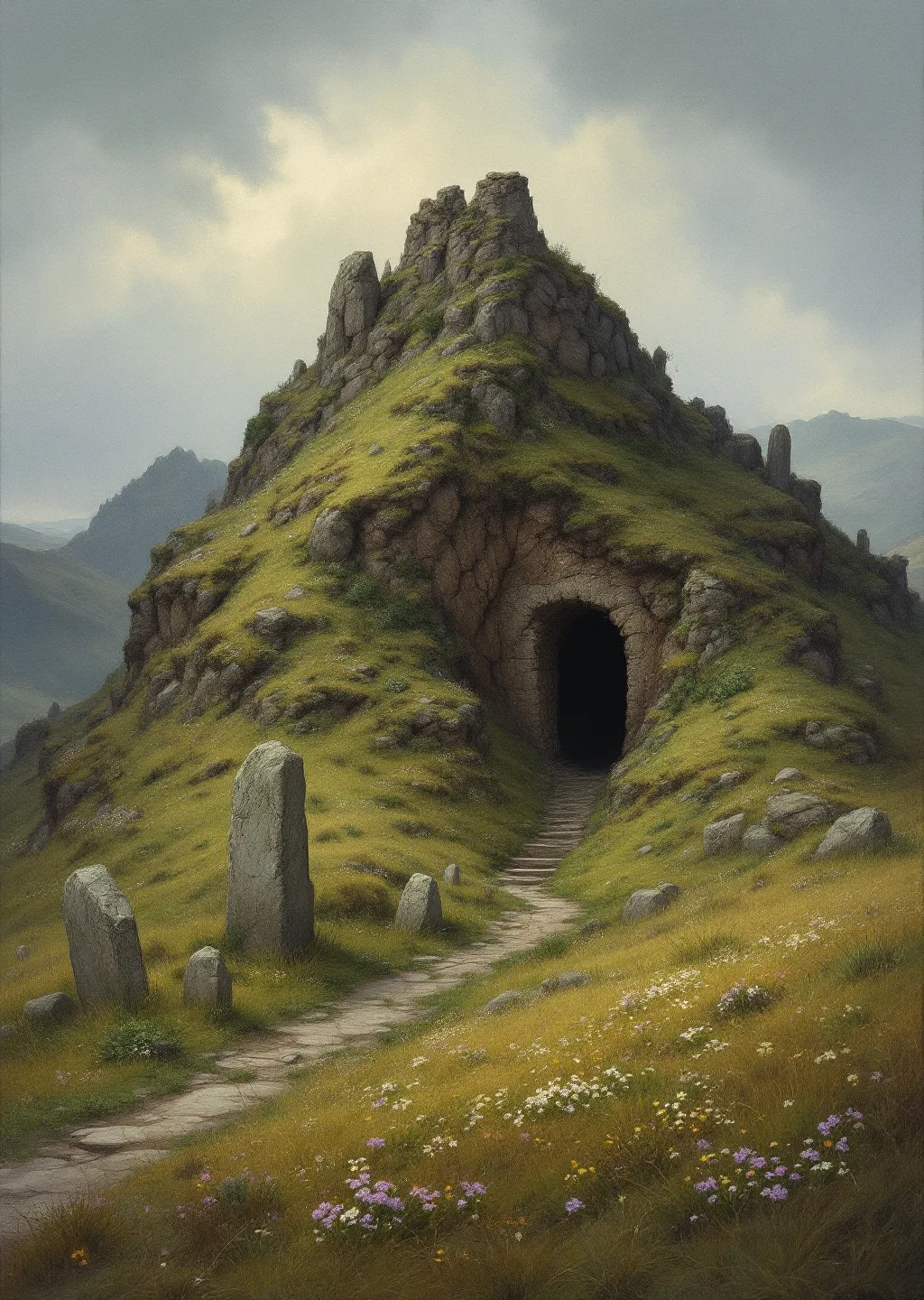 Oil painting of the ancient Rootword Barrow cut into the wild ridge-top