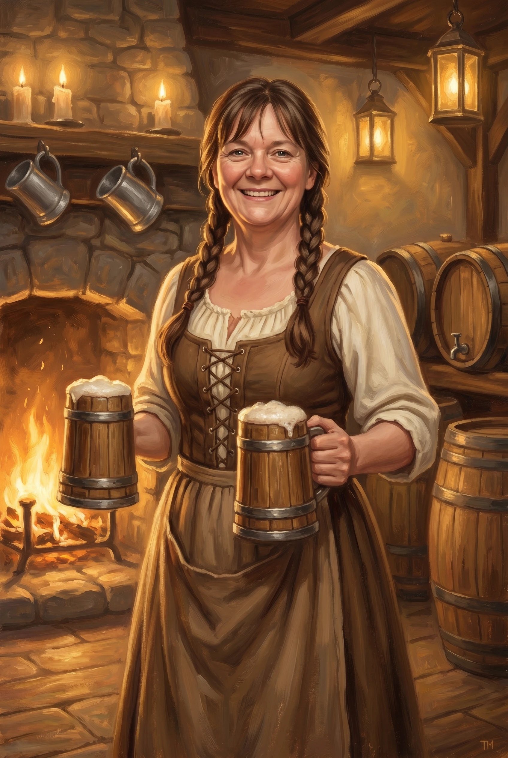 Oil painting of a warm, smiling middle-aged woman with two long brown braids framing her face, wearing a laced brown bodice over a cream blouse with an apron, holding out two foaming wooden tankards. Behind her a stone hearth glows with fire, oak ale-barrels stand to one side, and pewter mugs and a lantern hang from the timber beams of a cozy tavern.