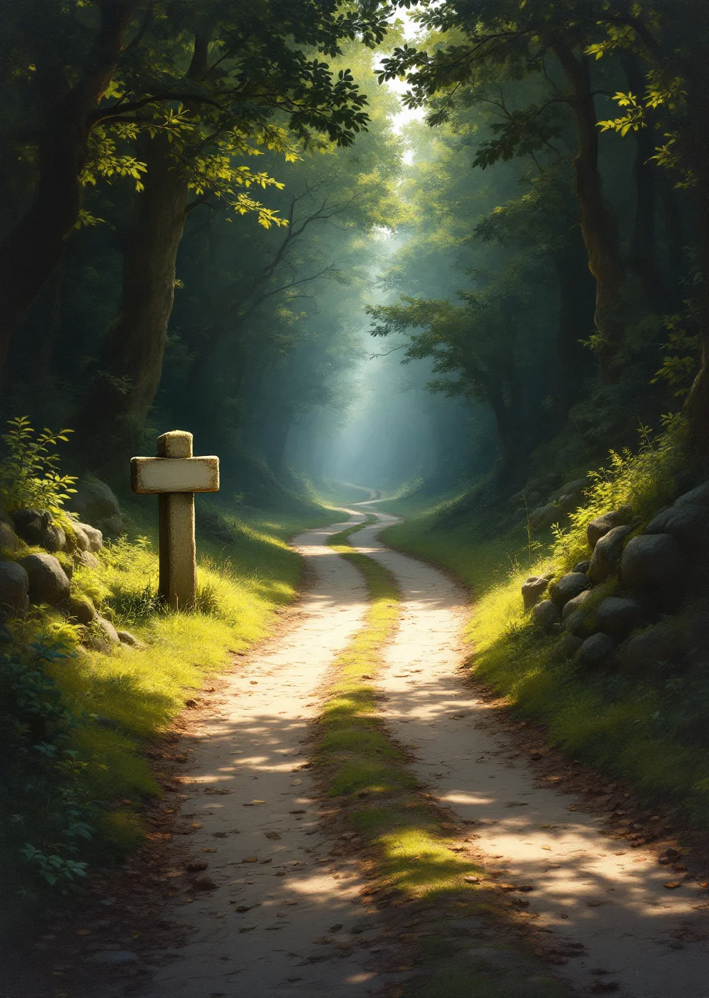 Oil painting of Stem-and-Affix, a quiet forest crossroads where a dirt road splits into three diverging paths.