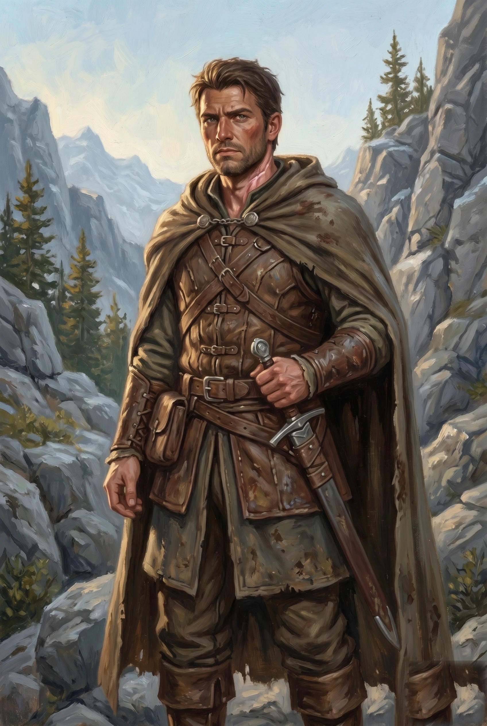 Oil painting of a scarred, road-hardened man on a rocky mountain pass, brown hair and stubble, weathered brown leather armor under a faded olive-green hooded cloak fastened with a round metal clasp, a travel pouch and a sheathed sword at his belt, his hand resting on the hilt, grey crags and dark pines rising behind him.