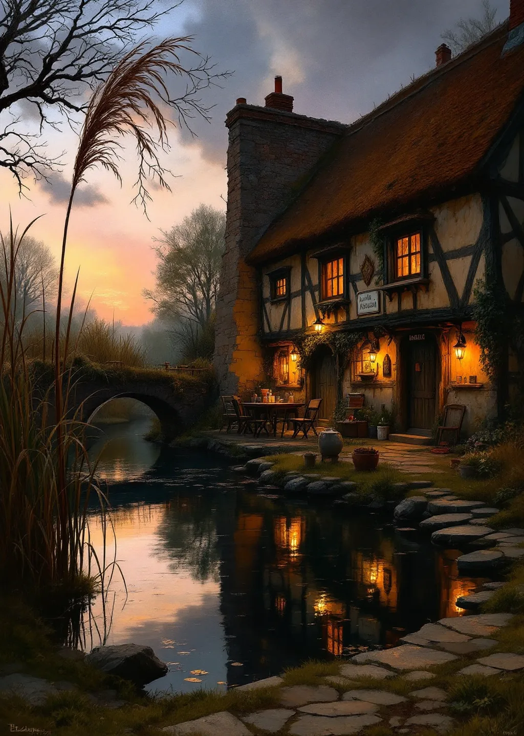 Oil painting of the Bowed Reed, a poolside alehouse on the Duke's water-roads at dusk