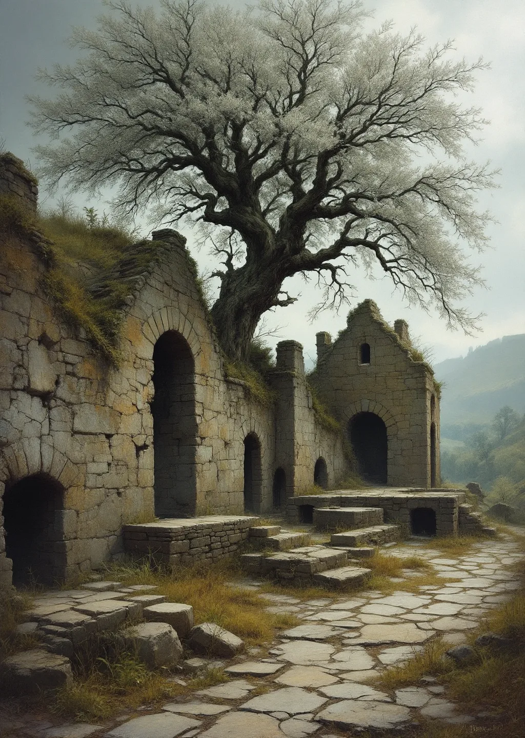 Oil painting of a ruined stone casting-works on a quiet hillside, cold dead furnaces and an ancient silver-leaved ash tree standing at the ruin's edge.
