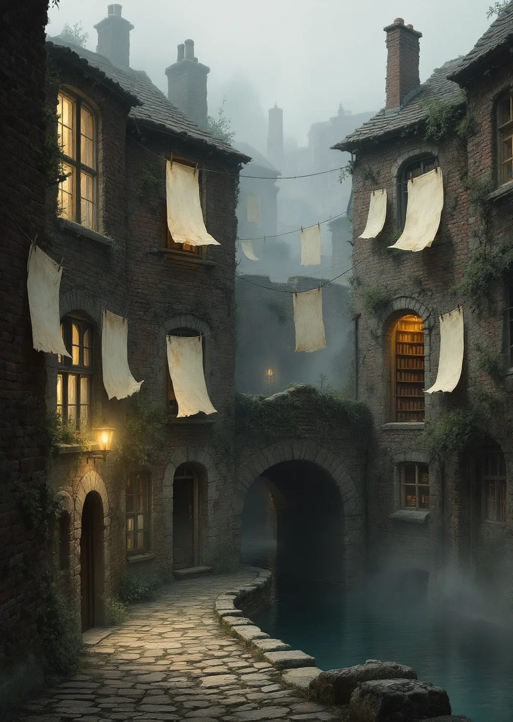 Oil painting of the Copyist's Quarter, misty riverside brick copy-houses hung with blank drying parchment sheets.