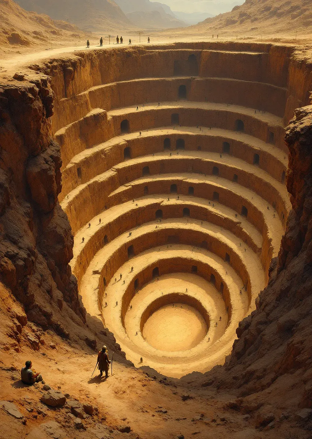 Oil painting of a deep excavation cut into layered rock, timber scaffolding and ramps descending into shadow.