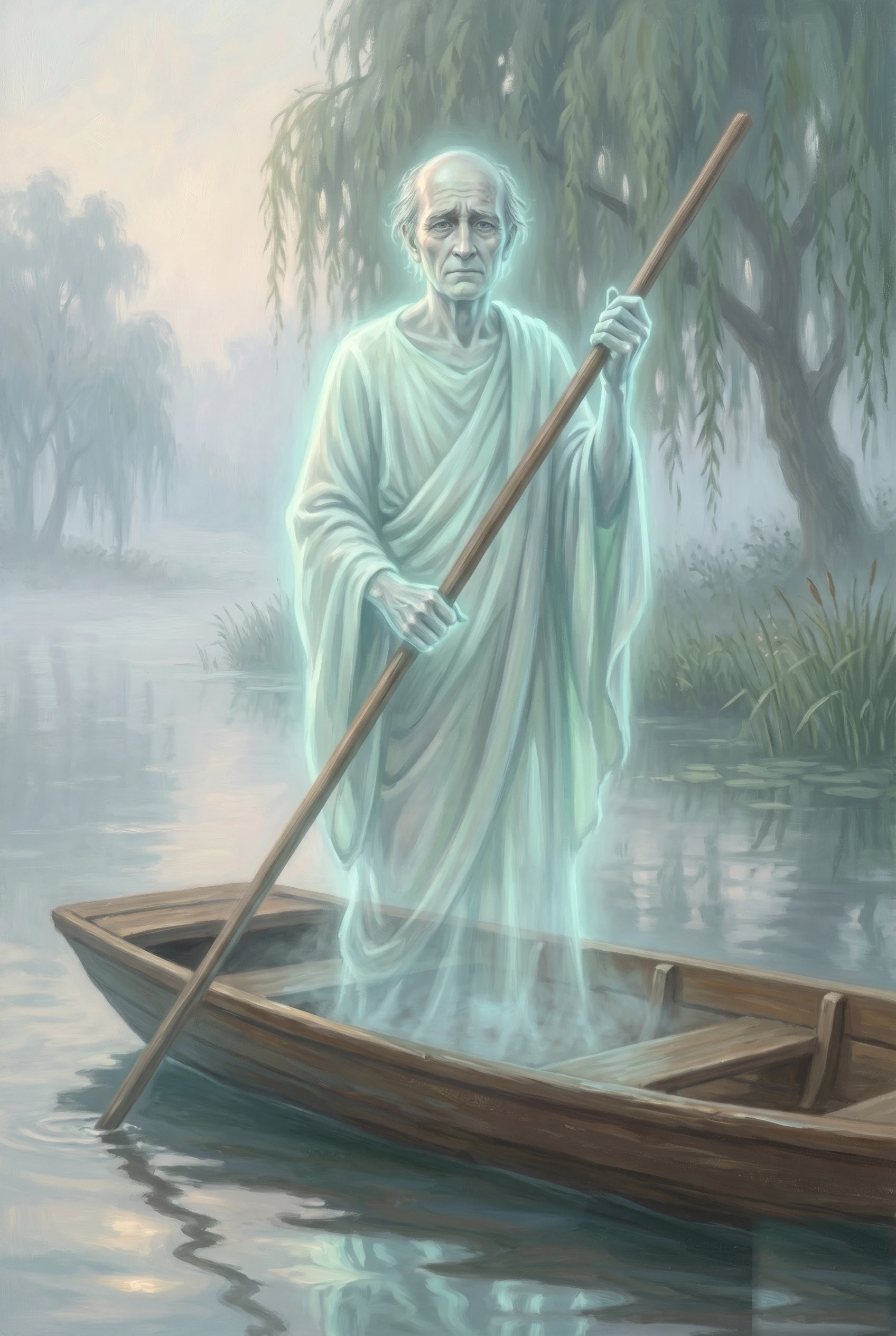 Oil painting of a translucent, blue-white ghost of a gaunt old man — bald on top, thin pale hair at the sides, in a pale drowned man's robe — standing in a low flat-bottomed wooden boat and poling it with a long wooden pole through misty, still water. His lower body dissolves into vapor and river. Weeping willows and reed beds fade into fog on both banks.