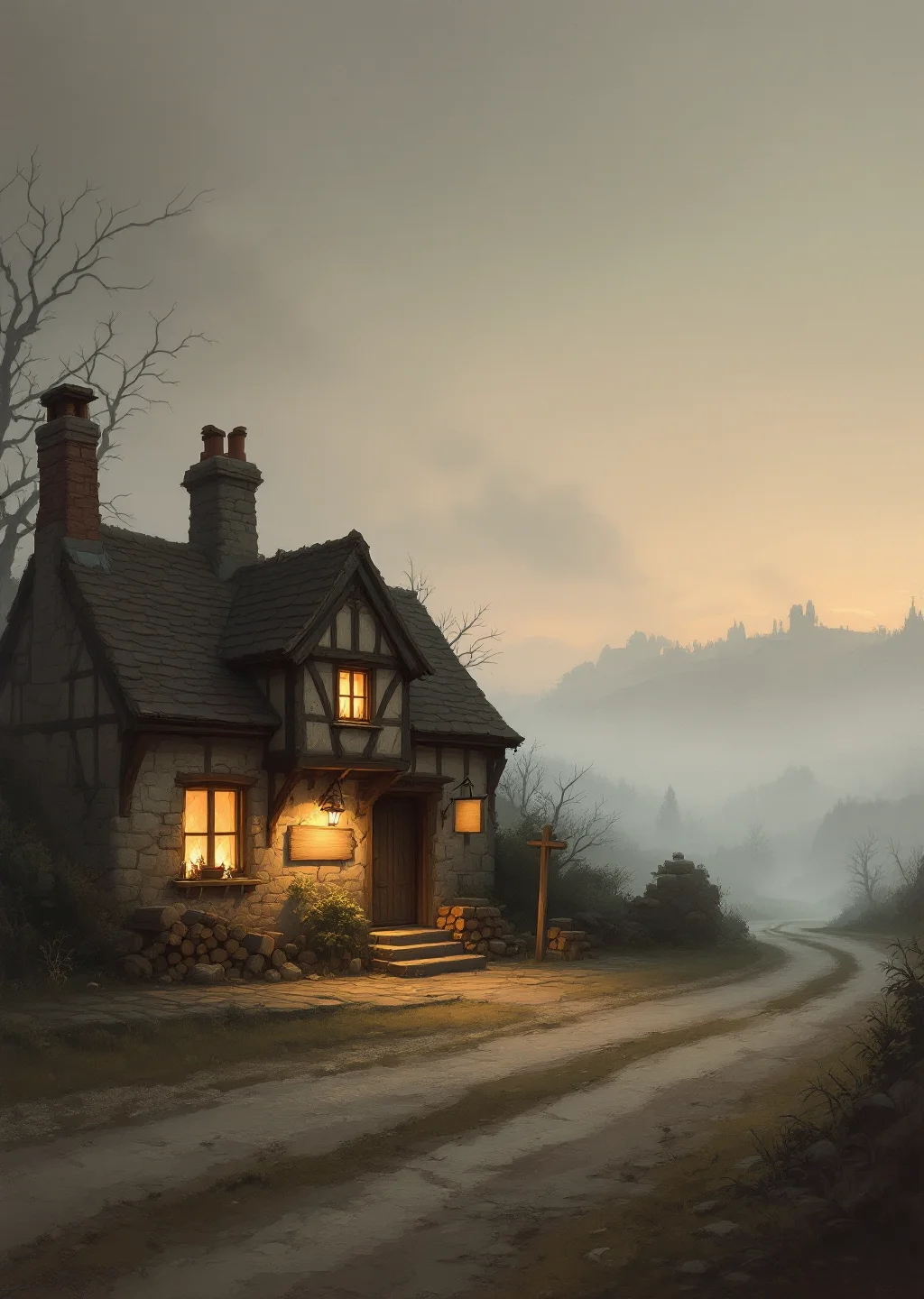 Oil painting of the Foreword, a firelit roadside inn on the misty edge of the half-formed Prefix Passage.