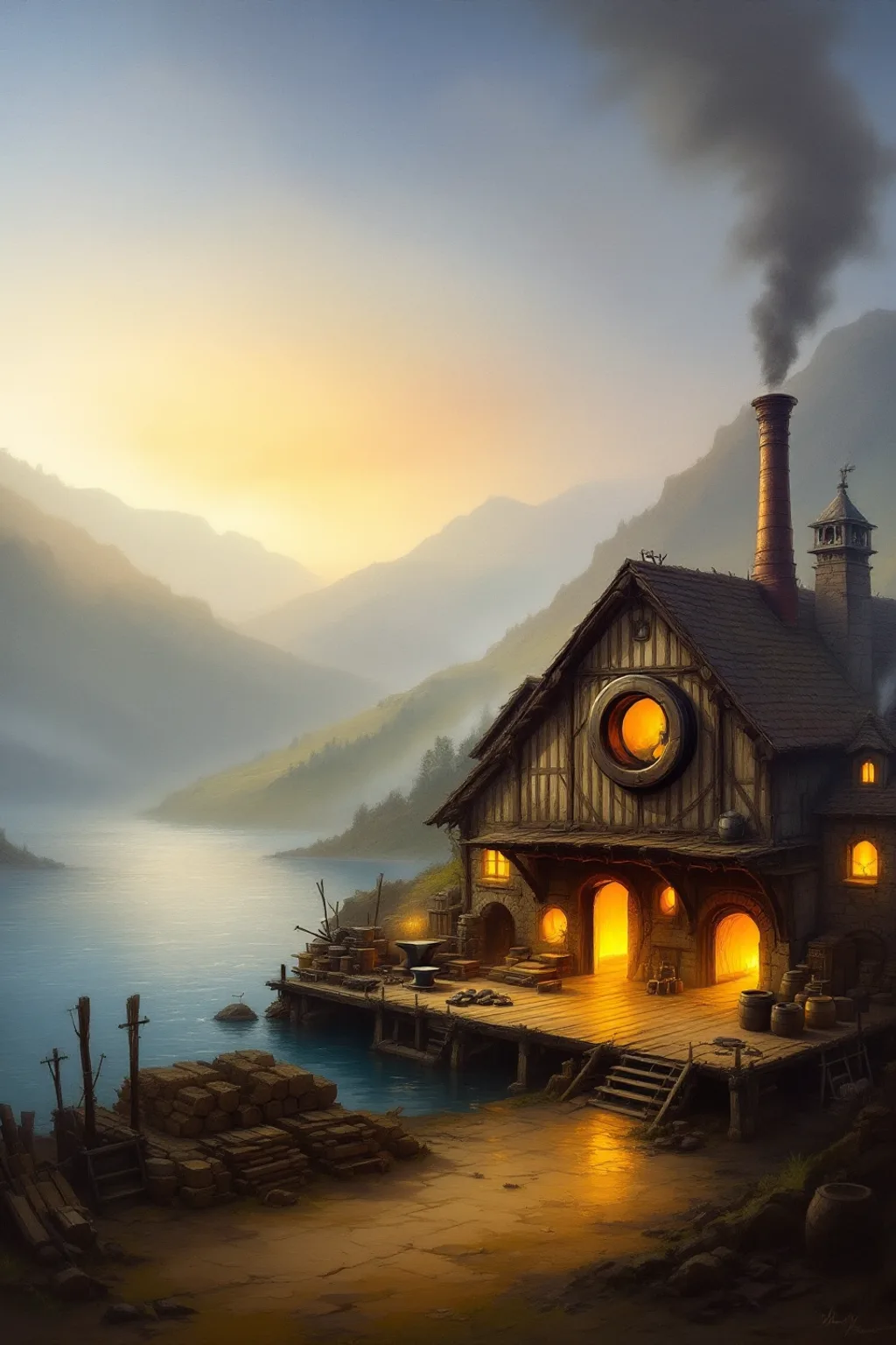 Oil painting of The Forge Wharf's ironworks and quay glowing with furnace light at dawn on the riverside