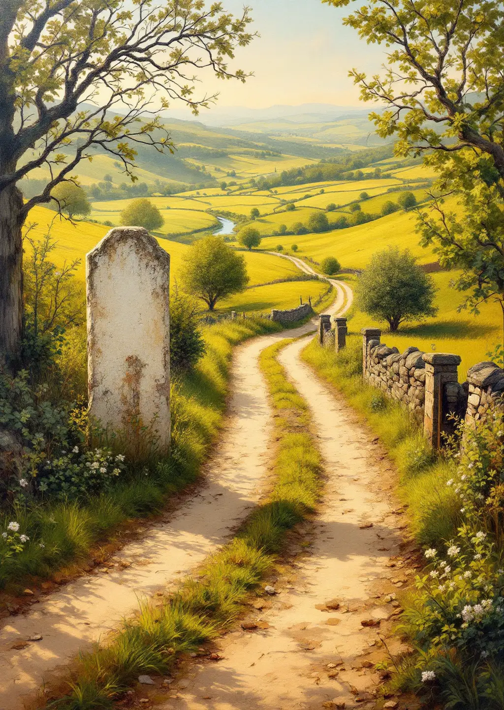 Oil painting of the Greenway Road, a winding countryside path with a stone milestone through the vale