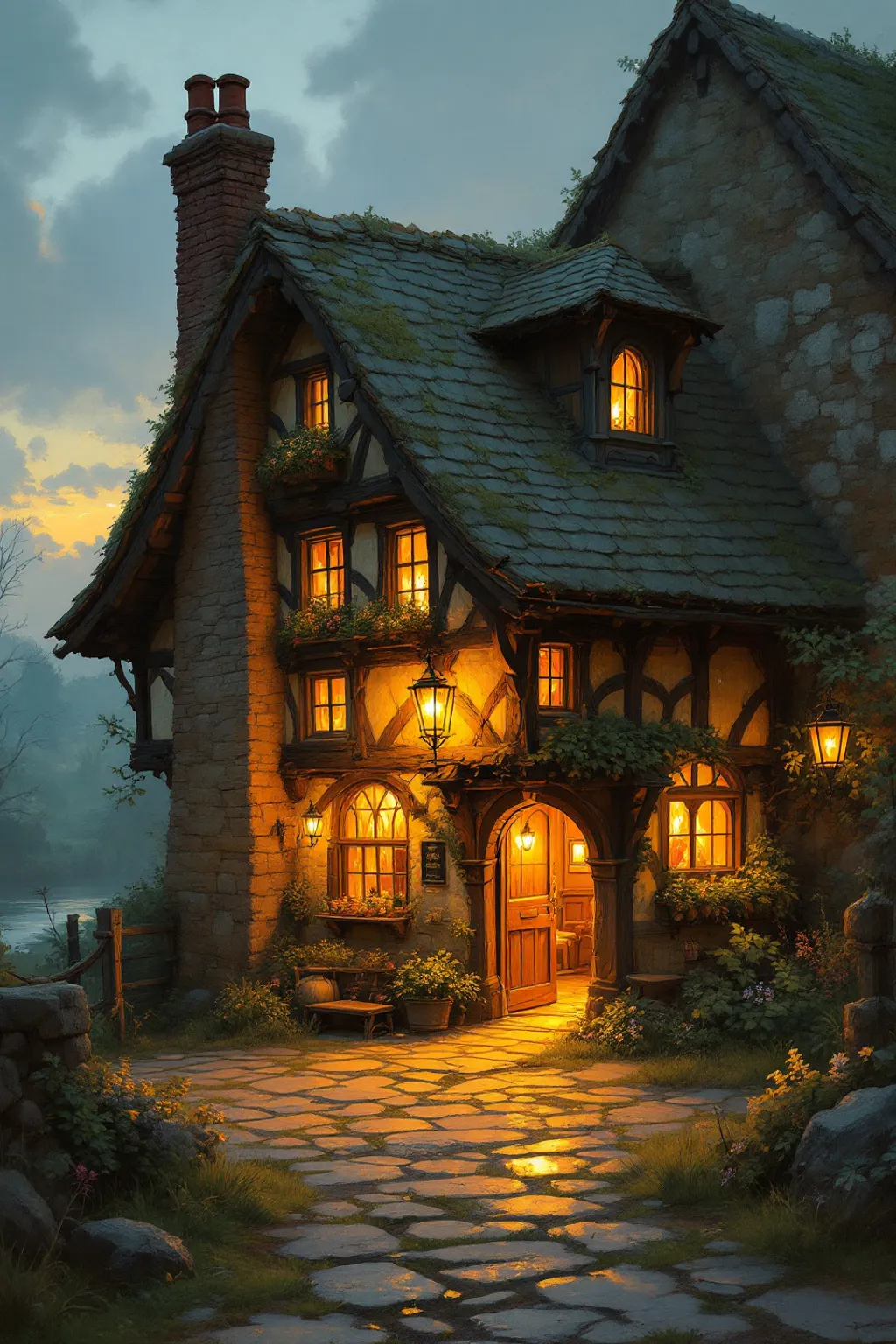 Oil painting of a low, broad-beamed medieval alehouse at dusk, its windows and doorway glowing with warm hearth-firelight.