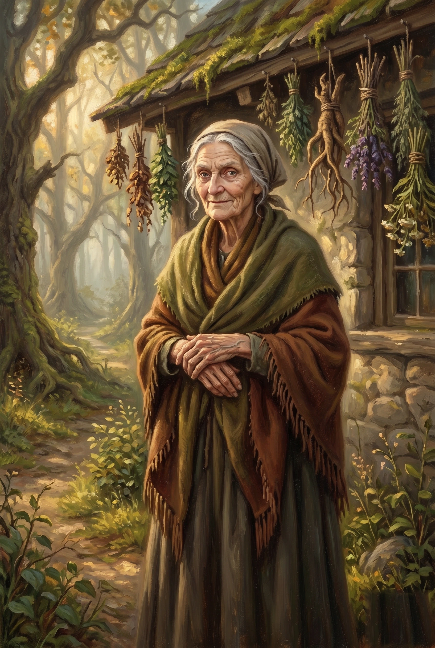 Oil painting of an elderly woman with grey hair under a pale kerchief, a green fringed shawl over a rust-brown one and a dark long skirt, hands clasped in front of her, standing at the mossy-roofed doorway of a stone cottage hung with drying herbs — bundled leaves, a forked pale root, purple lavender, sprays of white flowers — at the sunlit edge of a misty forest, a green path winding off behind her.
