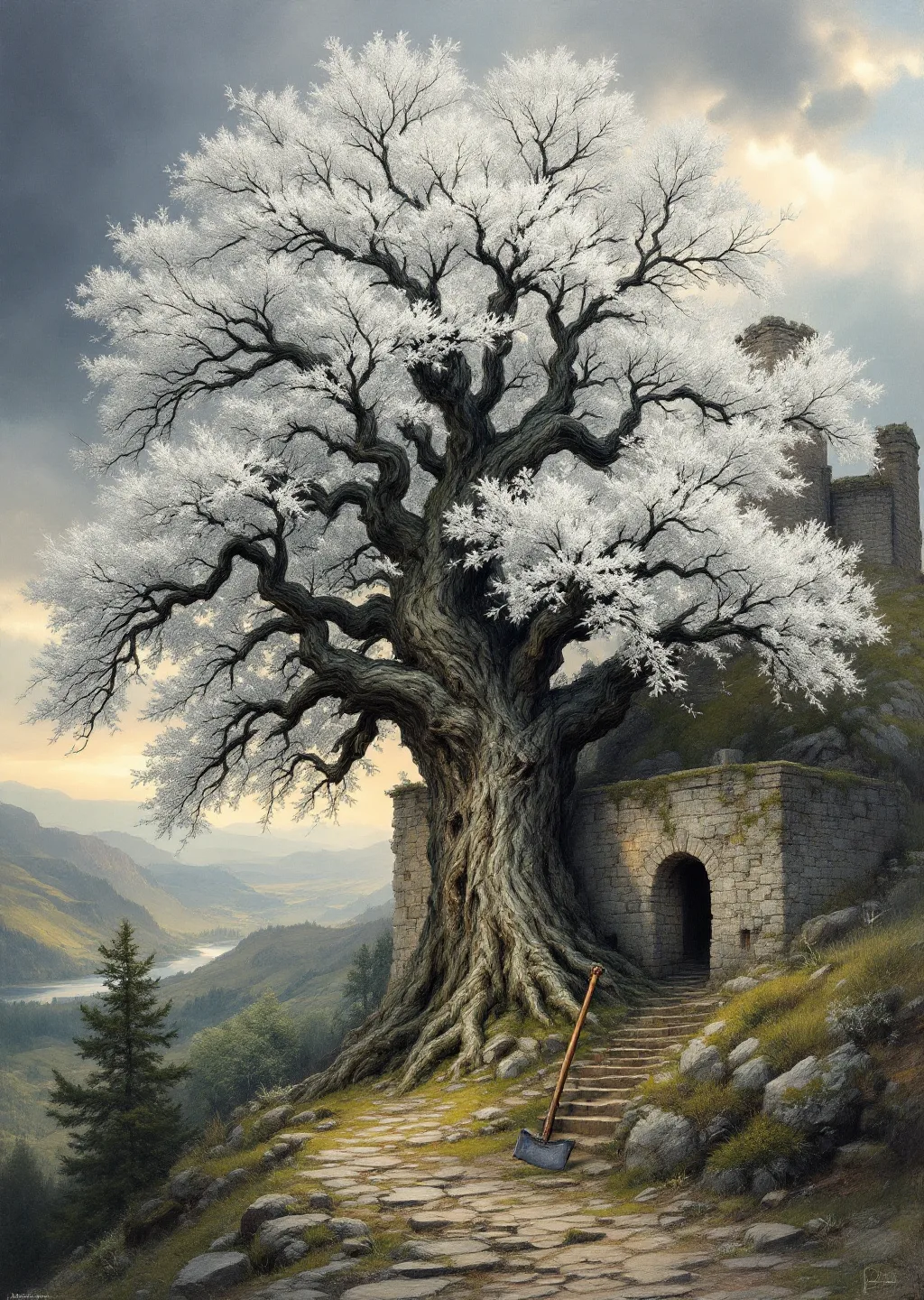Oil painting of a massive, ancient ash tree with silvery leaves standing beside a stone ruin, its trunk scarred by old axe strikes, a long-handled axe leaning nearby.