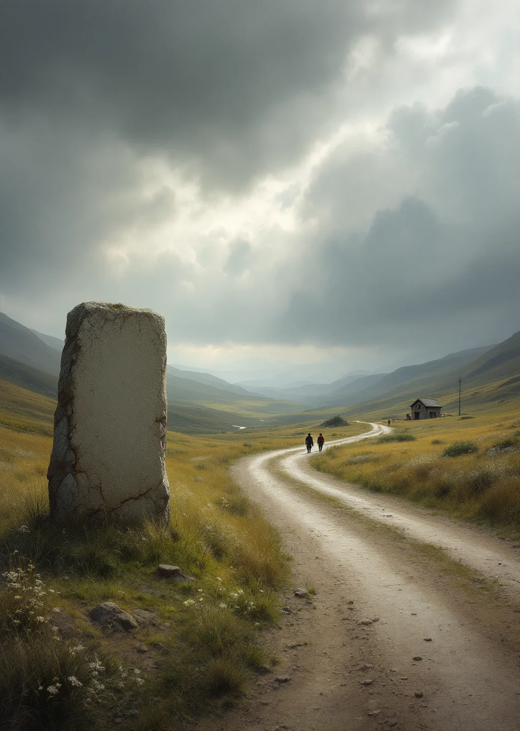 Oil painting of the Letterwise Road, a dirt track through windswept hills with a weathered waymarker and distant travelers beneath a stormy sky.