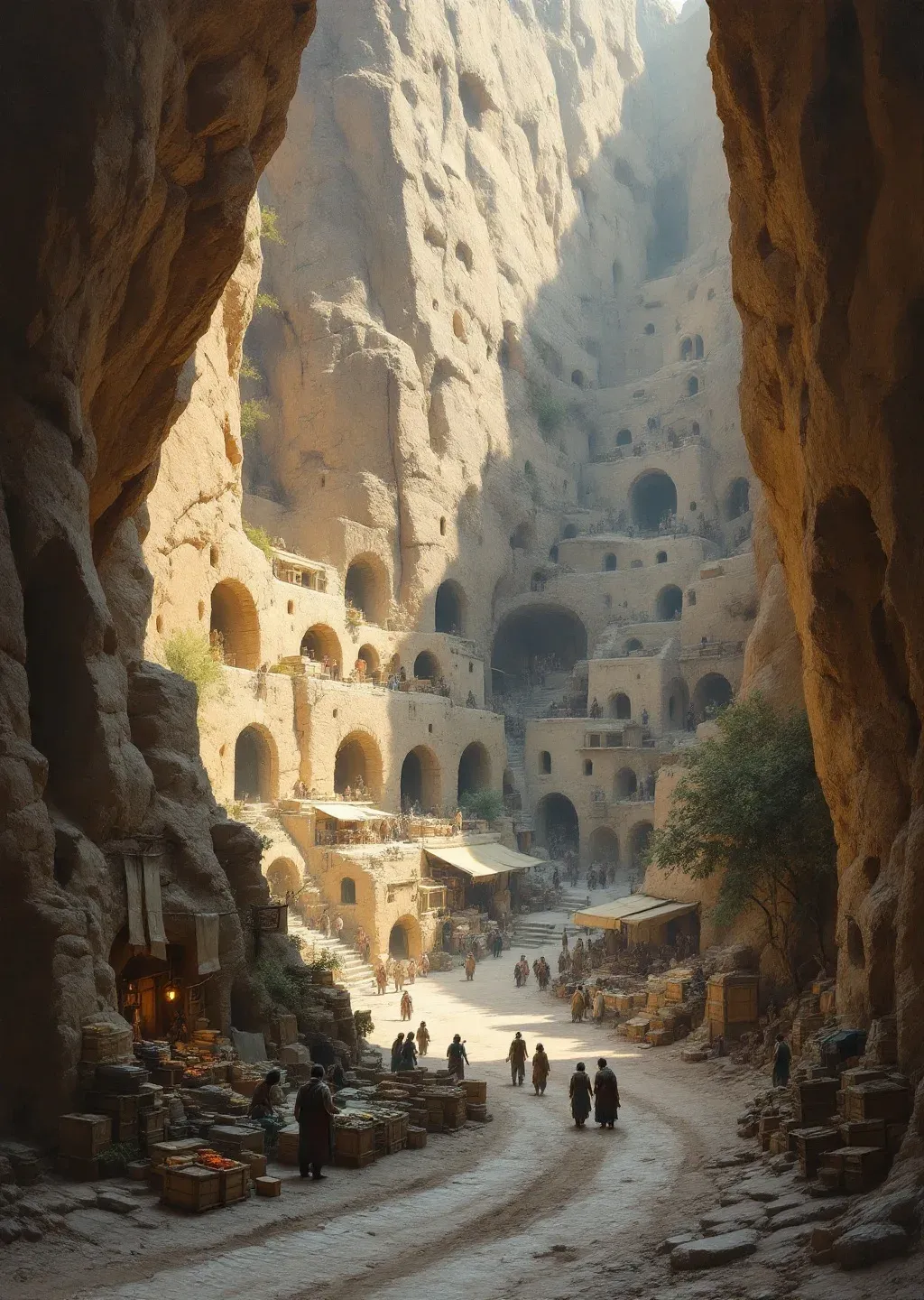 Oil painting of two old stone houses facing each other across a narrow shadowed ravine.
