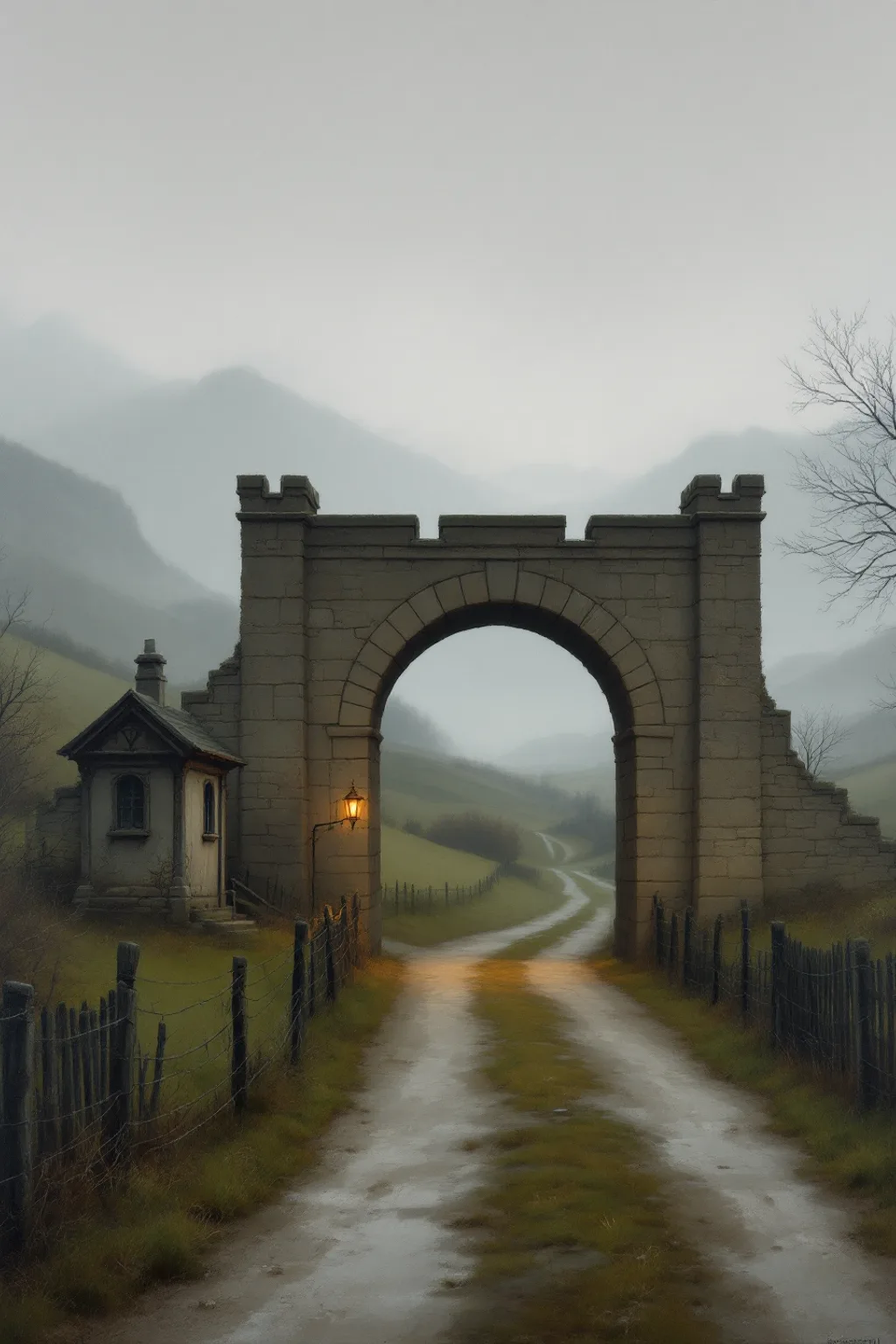 Oil painting of Before-Gate, the misty stone archway and tollkeeper's booth marking the entrance to the nameless country