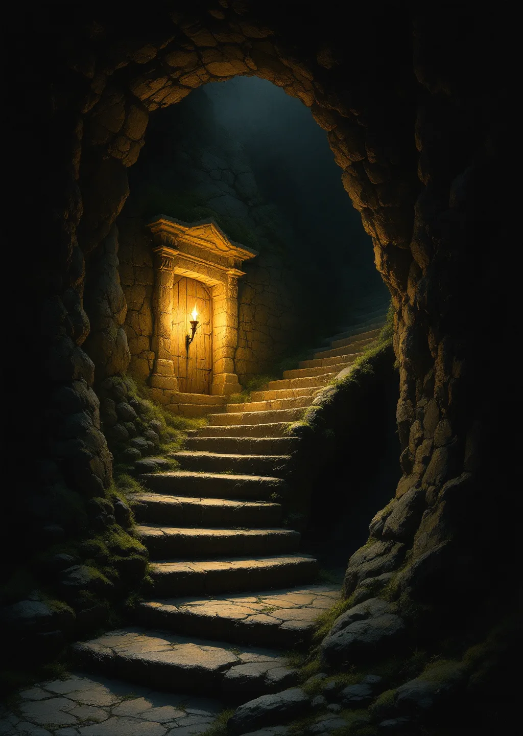 Oil painting of the Proto-Vault, an ancient stone stairway descending underground to a carved threshold door.