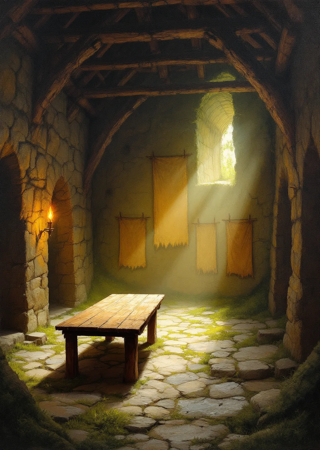 Oil painting of a torchlit barrow-hall dug into a green mound, a long wooden table before a stone wall hung with weathered banners on wooden pegs.