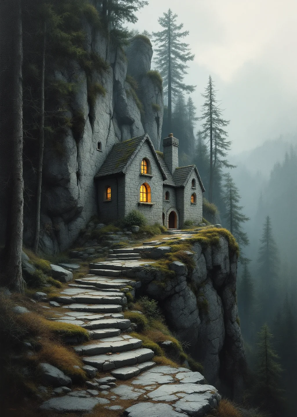 Oil painting of the Worn Index, a low grey stone house rising seamlessly out of the rock at the foot of Lexicon Ridge.