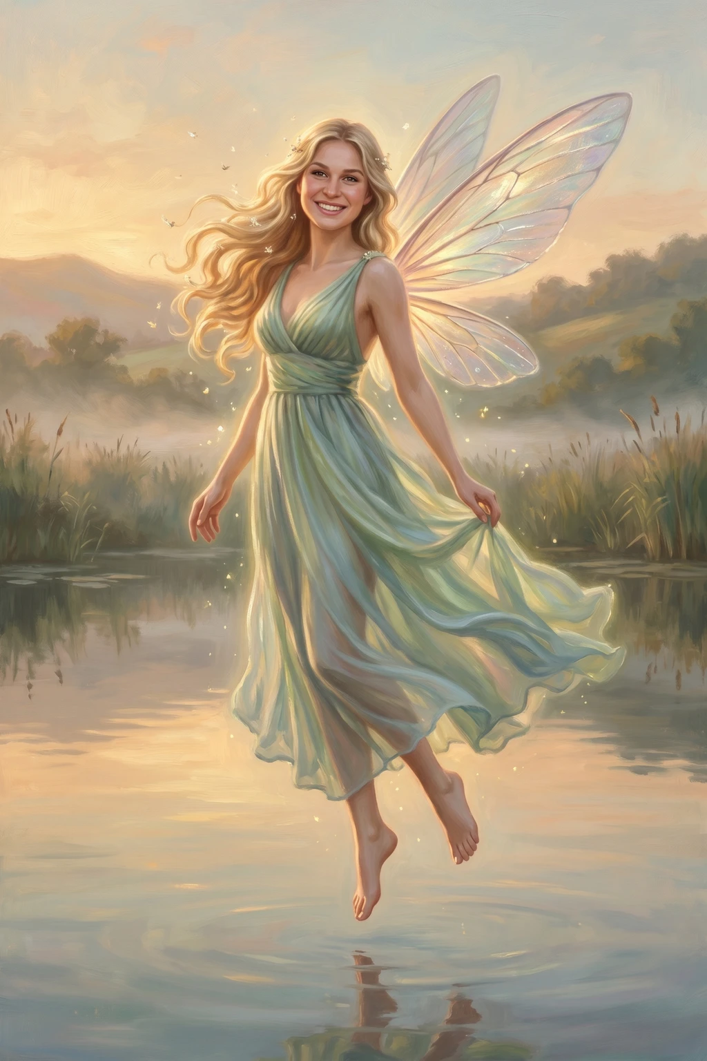 Soft oil painting of a smiling blonde fairy with long wavy hair and pale iridescent dragonfly wings, in a flowing sage-green sleeveless gown, hovering barefoot a few inches above the mirror-still surface of a misty lake at dawn, reeds and low hills behind her, faint motes of light drifting around her.
