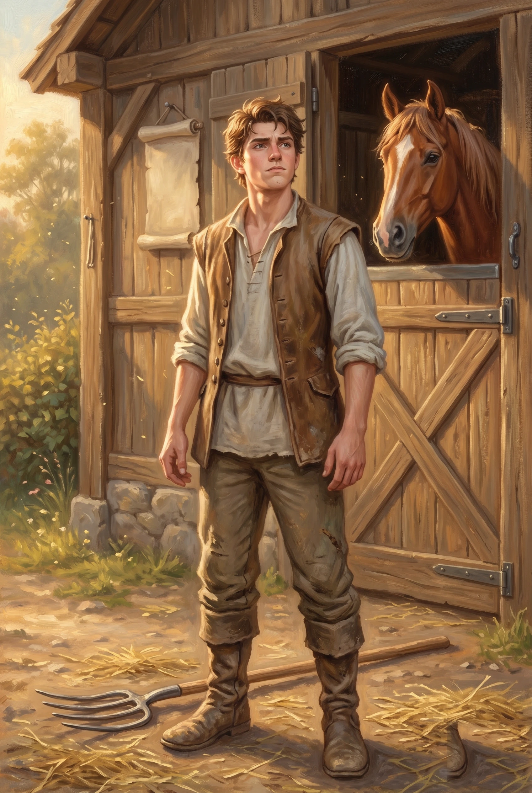 Oil painting of a young stablehand outside a weathered timber stable in warm afternoon light, standing square in a scuffed brown leather vest over a loose grey shirt with rolled sleeves, tan work trousers and tall mud-stained boots, an unhappy set to his brow. A chestnut horse with a white blaze leans out over the half-door of its stall to his right; a rolled notice hangs on the boards behind him, a pitchfork lies in the straw at his feet, and wildflowers grow along a low stone wall to the left.