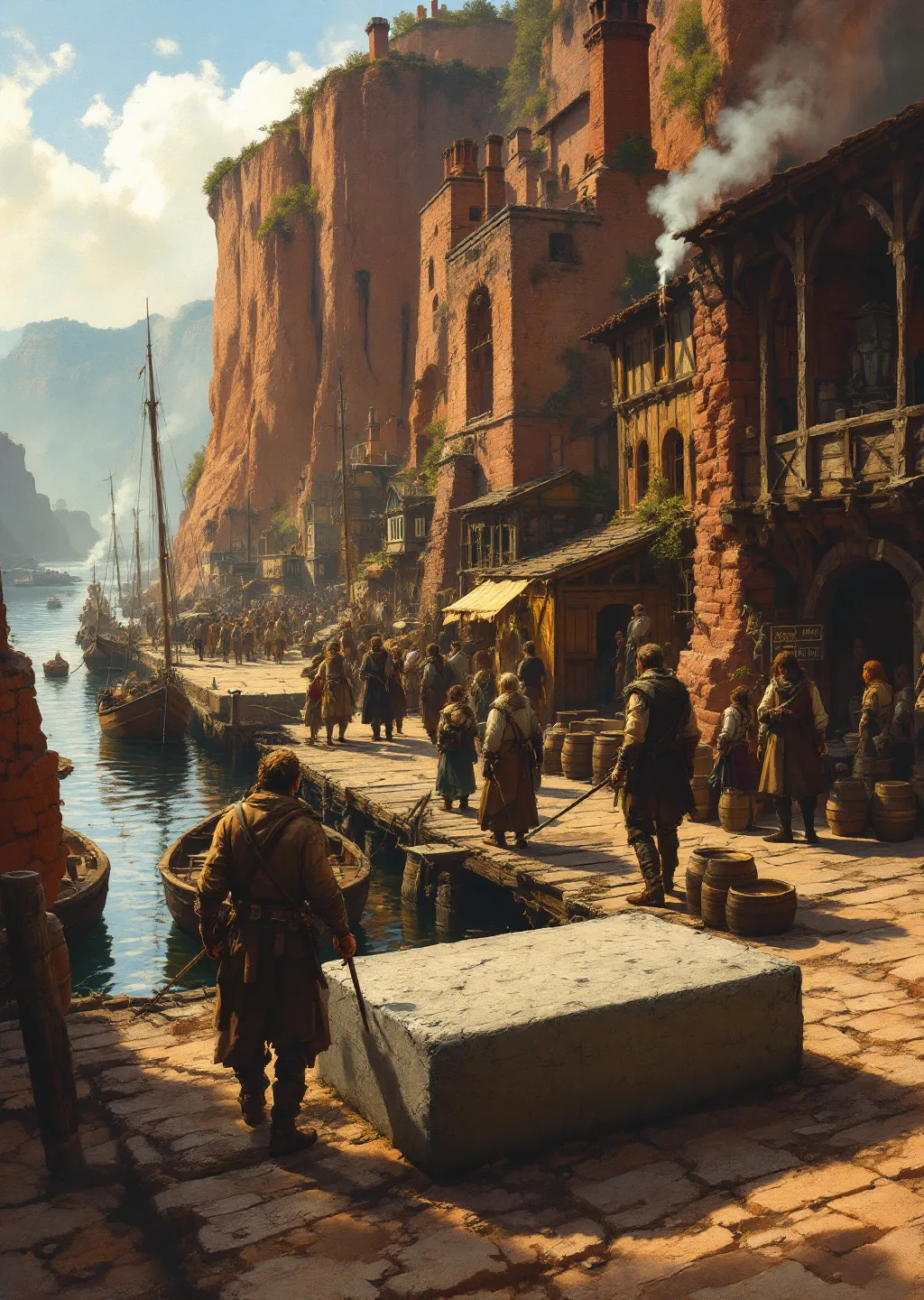 Oil painting of Tongue's Landing, a bustling river harbor beneath red-clay cliffs with boats and dockside crowds.